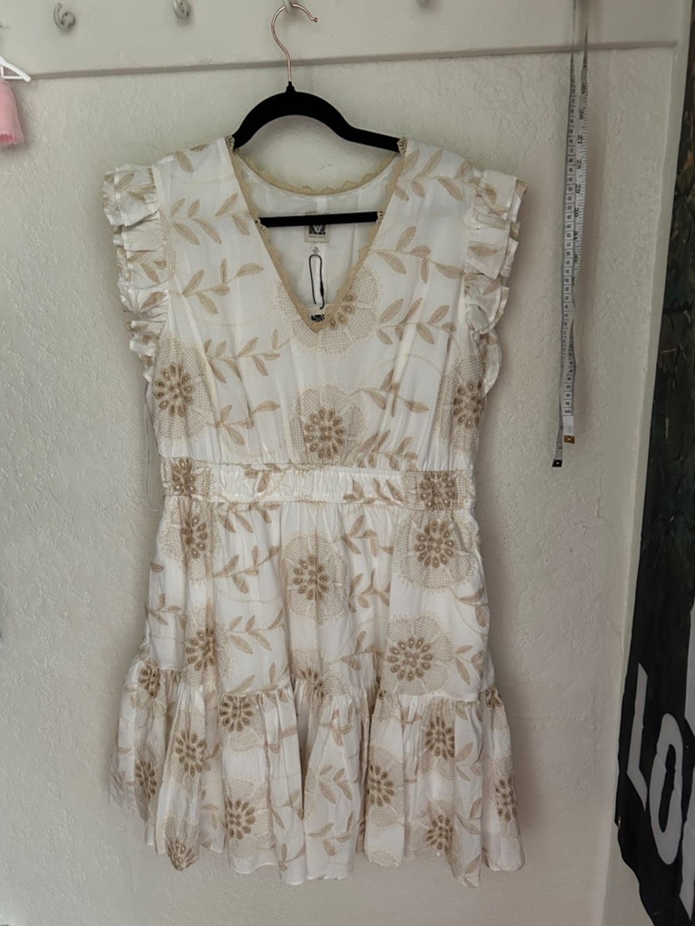 Anne Klein White Dress with Gold Floral Embroidery